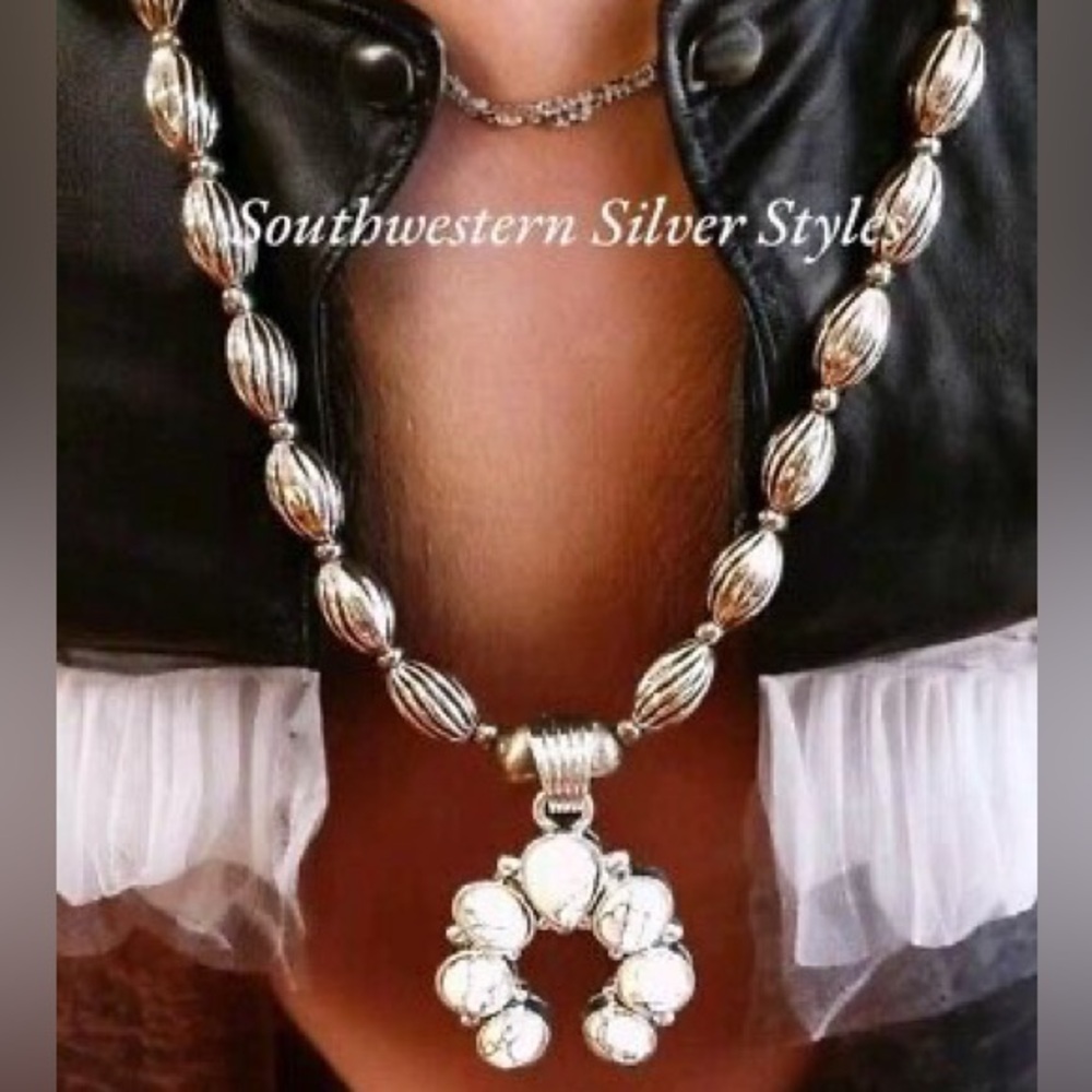 Squash Blossom Naja Blue Howlite Turquoise Navajo Style Pearls Pendant Necklace